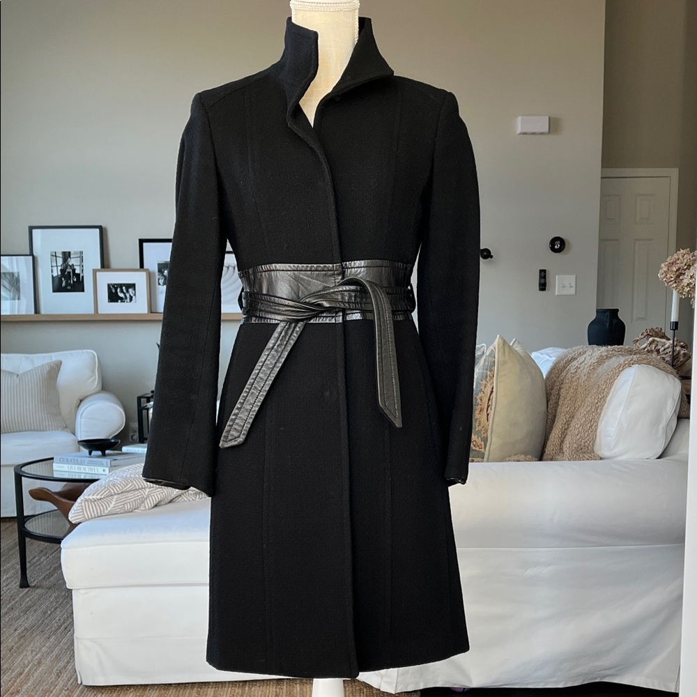 Marc New York Andrew Marc Women's Black Wool & Leather Belted Coat Chic!!!